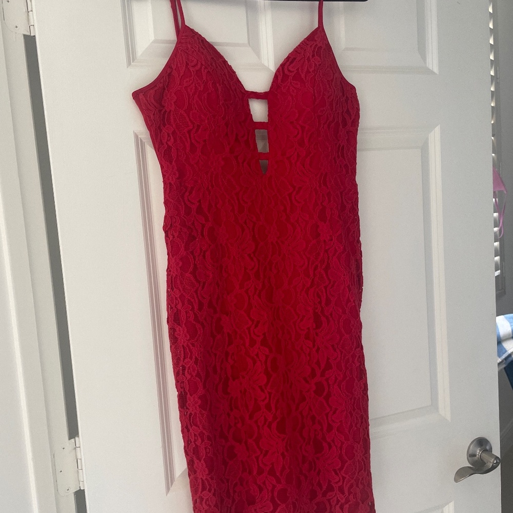 Red BEBE Embroidered Dress